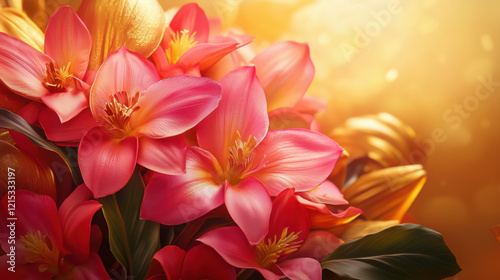 Captivating Photorealistic Shot of a Winter Flower Bouquet, Featuring Vivid Pink Blooms Set Against a Rich Gold Background, Creating a Luxurious and Dynamic Visual Appeal