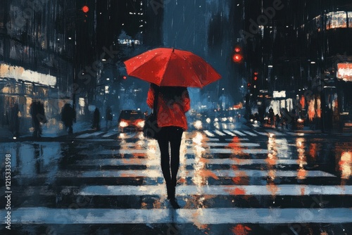 illustration painting of woman red shirt with red umbrella crossing the street,rainy night