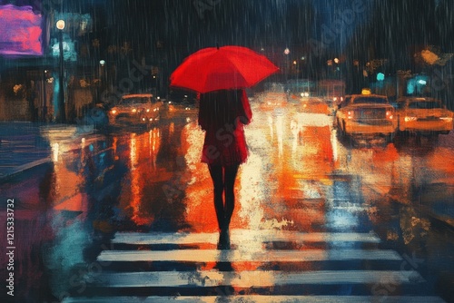 illustration painting of woman red shirt with red umbrella crossing the street,rainy night