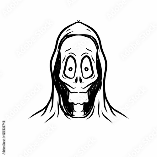 Simple vector illustration of a grim reaper style skull with a hood, drawn in a clean and minimalist black and white line art style