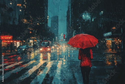 illustration painting of woman red shirt with red umbrella crossing the street,rainy night
