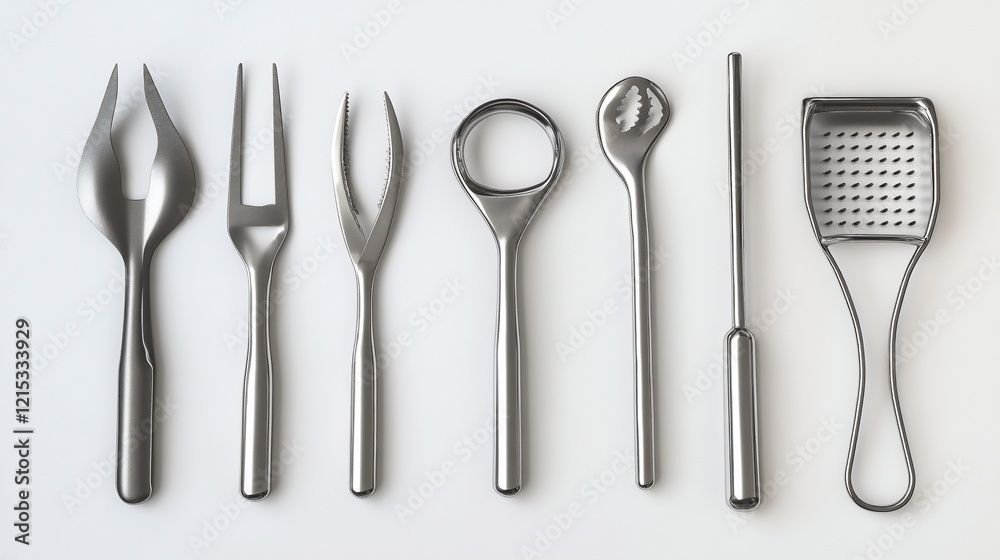 Silver kitchen utensils on white background, flat lay, minimalist design, cooking tools Silver kitchen utensils on white background, flat lay, minimalist design, cooking tools