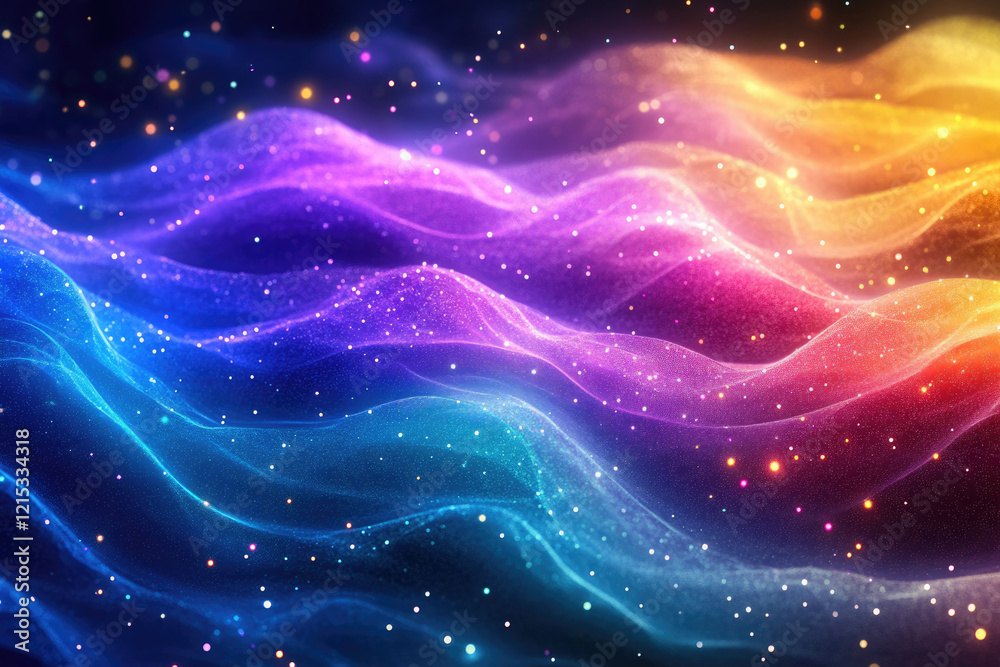 Abstract colorful waves with sparkling particles, creating a vibrant and dreamy cosmic scene.