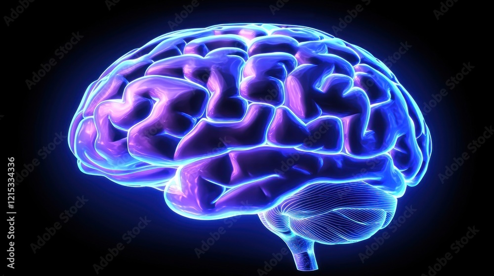 Glowing human brain, medical study, dark background, health education Glowing human brain, medical study, dark background, health education