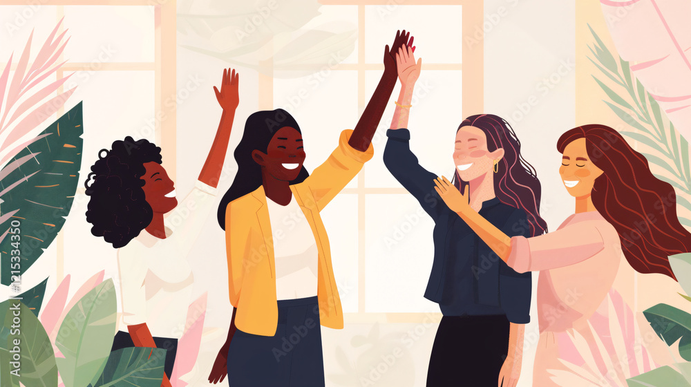 Naklejka premium Diverse businesswomen are celebrating success, giving high five, and feeling happy about achieving their goals
