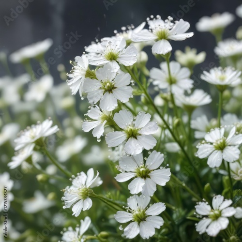 Delicate white gypsophila flowers with dew drops , flowers, dew drops, delicate flowers