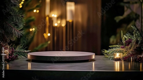 Festive platform with candles and greenery  
