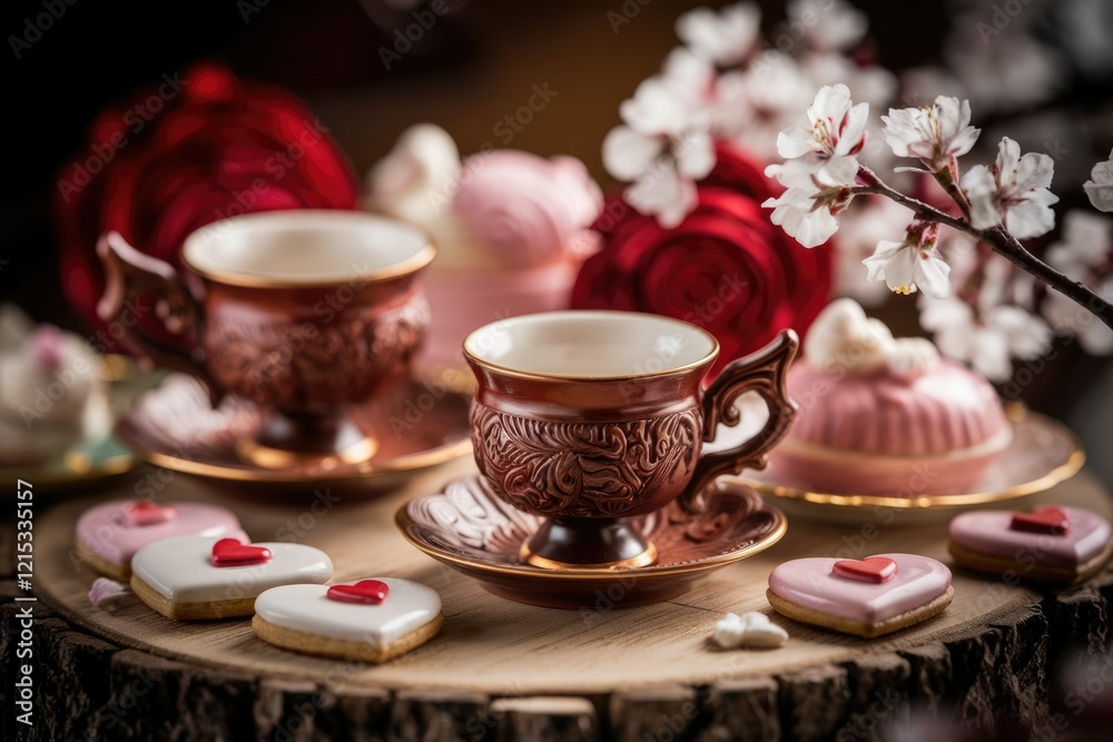 Romantic Valentine's tea party scene with ornate teacups, heart-shaped cookies, and delicate pastries. Romantic Valentine's tea party scene with ornate teacups, heart-shaped cookies, and delicate pastries.