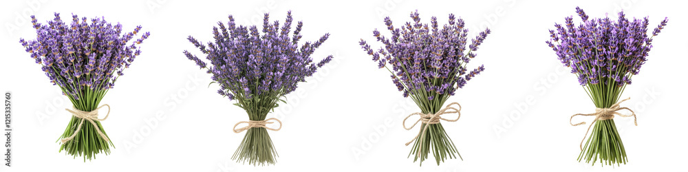 Fototapeta premium Lavender Bouquet Tied with Twine – A fragrant bundle of fresh lavender tied with twine evoking a calming natural aesthetic. Isolated on Clear White Background Highly Detailed