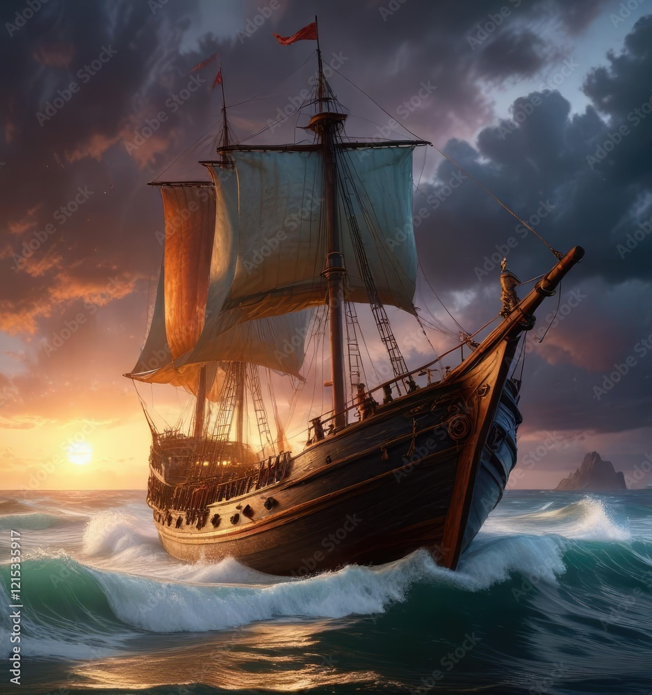 Obraz premium El barco se encuentra en plena tempestad, con vientos fuertes que azoten sus velas y olas ensordecedoras que lo empujan, waves, sailing boat, sailboat