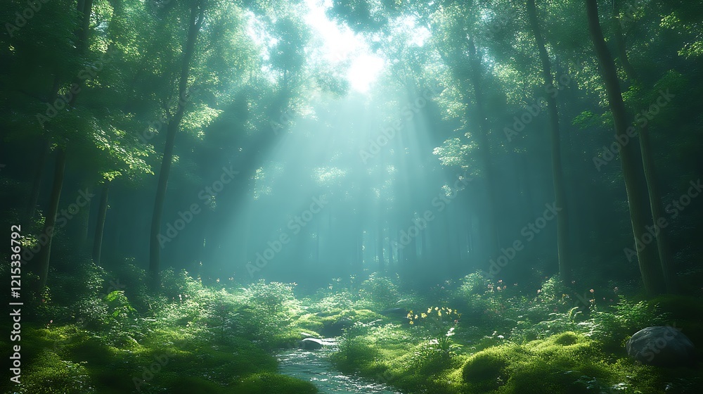 Sunbeams pierce misty forest stream Sunbeams pierce misty forest stream