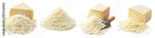 Grated Pecorino Romano – A tangy salty grated Pecorino Romano cheese perfect for sprinkling over pasta or salads. Isolated on Clear White Background Highly Detailed 