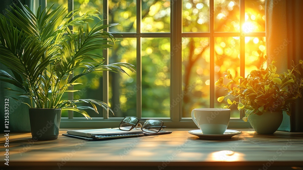 Sunlit windowsill with plants, coffee cup, glasses, and notepad. Sunlit windowsill with plants, coffee cup, glasses, and notepad.