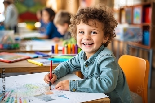 Happy Little Boy Coloring In Art Class - Back To School