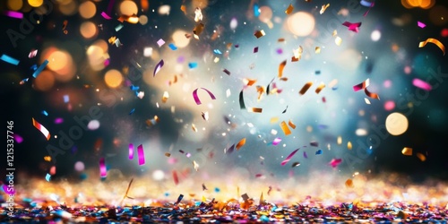 A burst of confetti exploding from a party popper with a dark, bokeh-lit background, creating a sense of fun and surprise, perfect for New Yearâ€™s Eve or celebration-themed campaigns