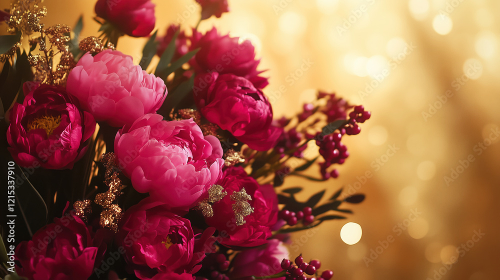 Captivating Photorealistic Shot of a Winter Flower Bouquet, Featuring Vivid Pink Blooms Set Against a Rich Gold Background, Creating a Luxurious and Dynamic Visual Appeal Captivating Photorealistic Shot of a Winter Flower Bouquet, Featuring Vivid Pink Blooms Set Against a Rich Gold Background, Creating a Luxurious and Dynamic Visual Appeal