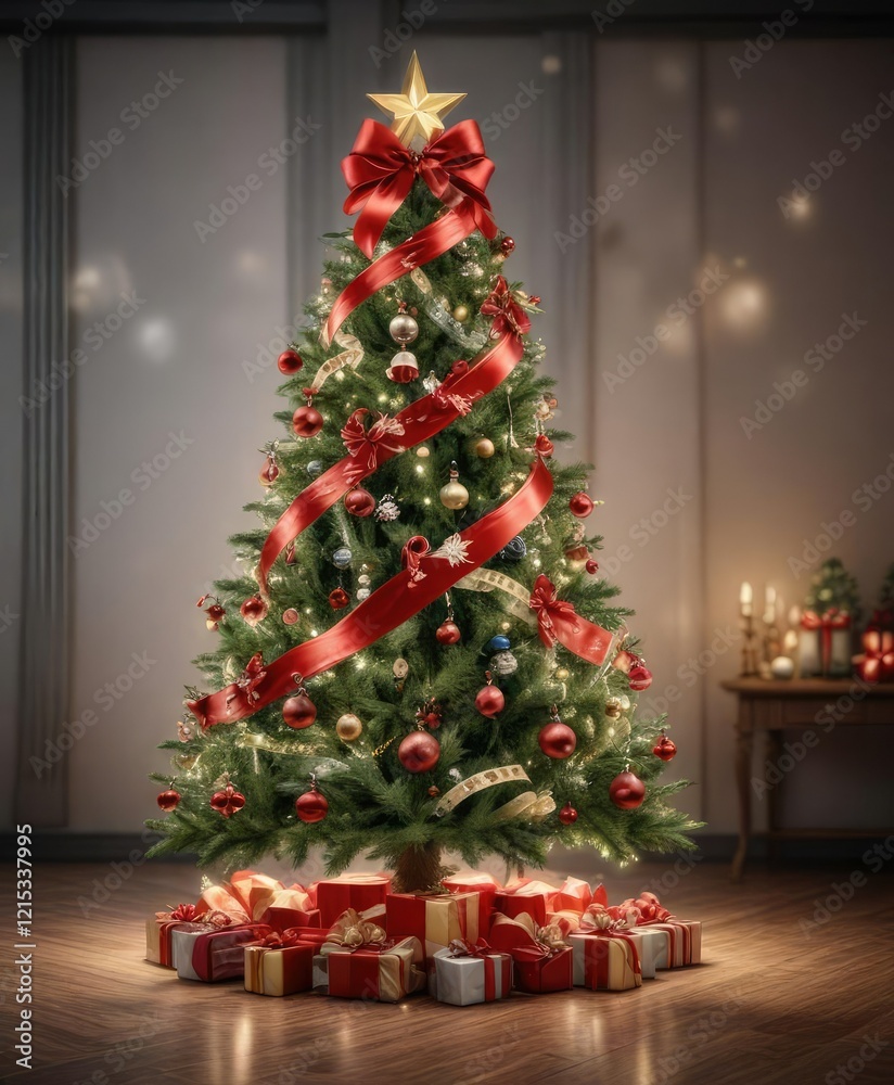 Decorated Christmas tree with ribbons and bows, bow-adorned branches, decorated tree, festive decor Decorated Christmas tree with ribbons and bows, bow-adorned branches, decorated tree, festive decor