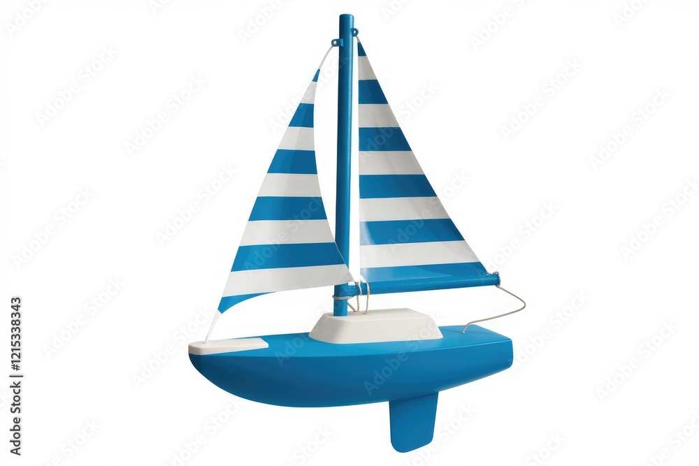 A blue and white striped toy sailboat, perfect for imaginative play on the sea. A blue and white striped toy sailboat, perfect for imaginative play on the sea.