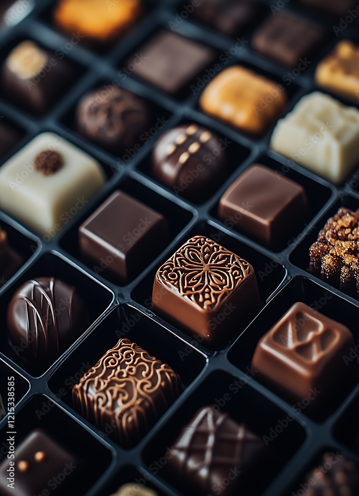 Luxury Artisan Chocolate Squares with Intricate Designs in Black Box : Generative AI Luxury Artisan Chocolate Squares with Intricate Designs in Black Box : Generative AI
