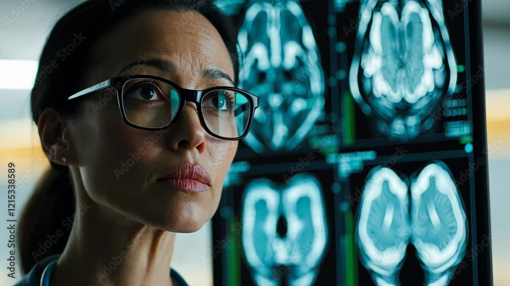 Medical professional examines brain scans while deep in thought in a modern clinic setting
