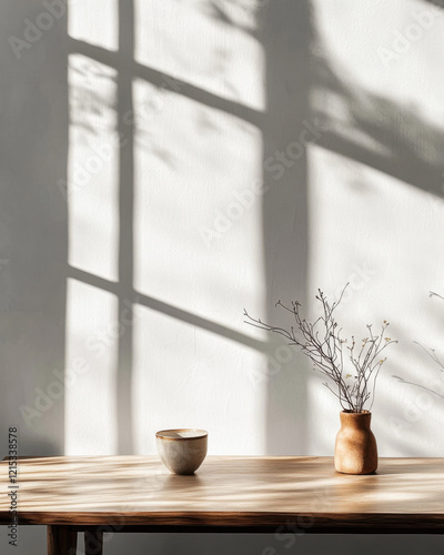 Serene sunlit interior with wooden table, ceramic cup, and minimalist vase