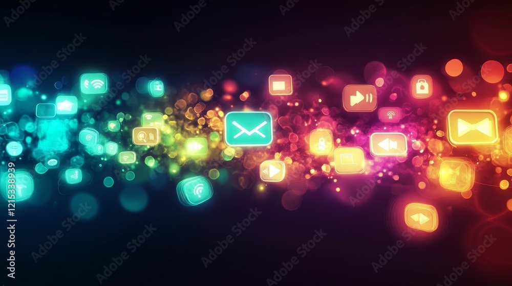 Glowing application icons float on a dark, blurred background. Glowing application icons float on a dark, blurred background.
