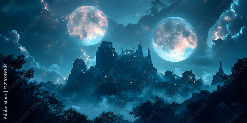 Fototapeta premium Futuristic City Glowing Under the Light of Twin Moons