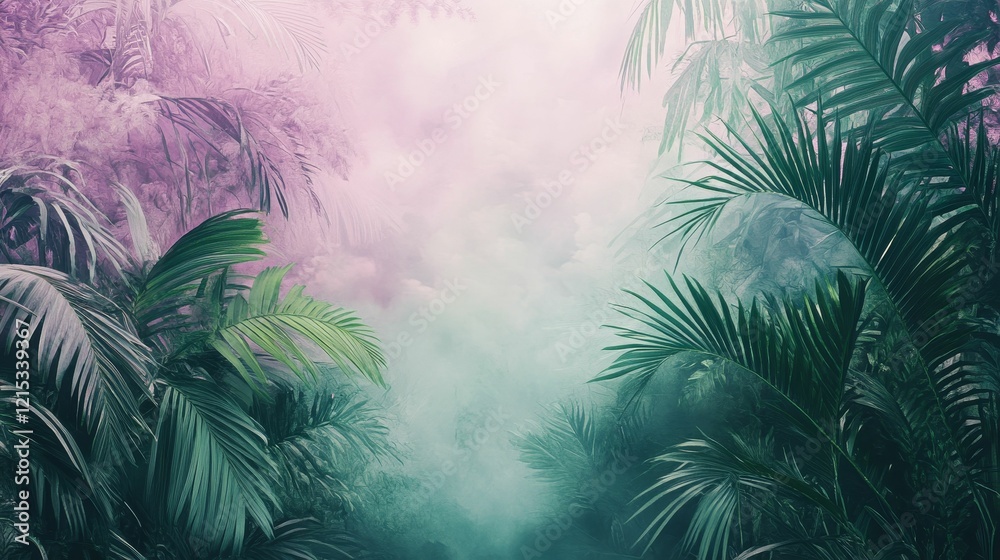 Obraz premium Palm fronds frame a hazy, colorful background space.