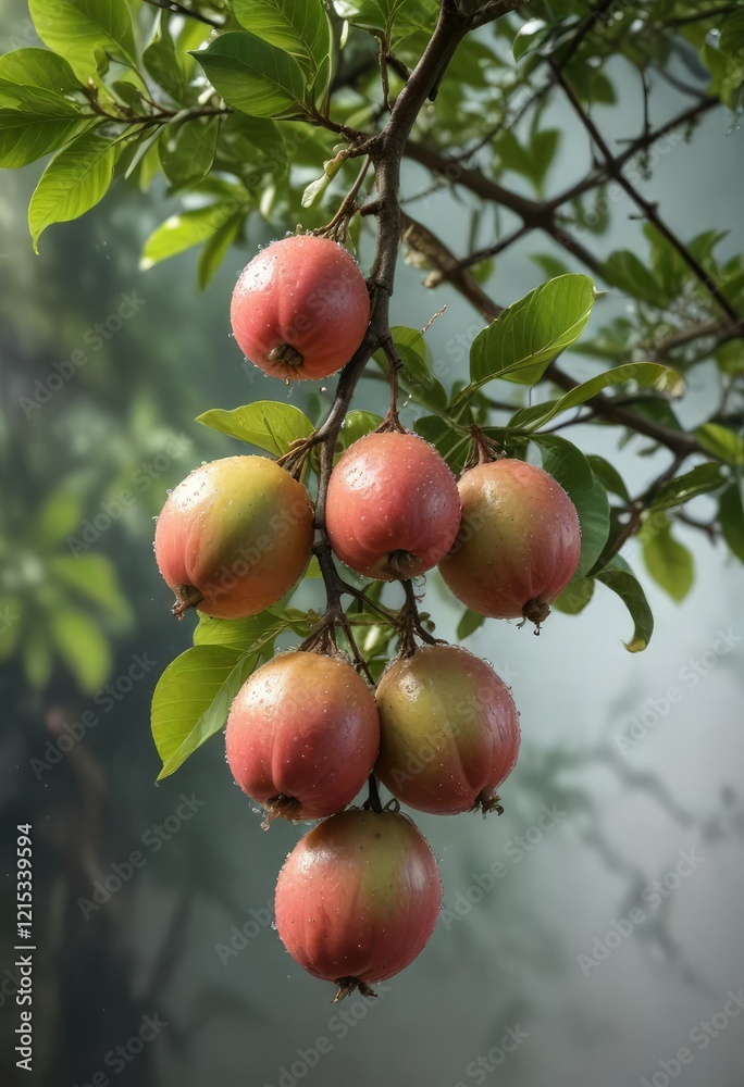 delicate sprig of water guava on a tree branch, blossoms, lush delicate sprig of water guava on a tree branch, blossoms, lush