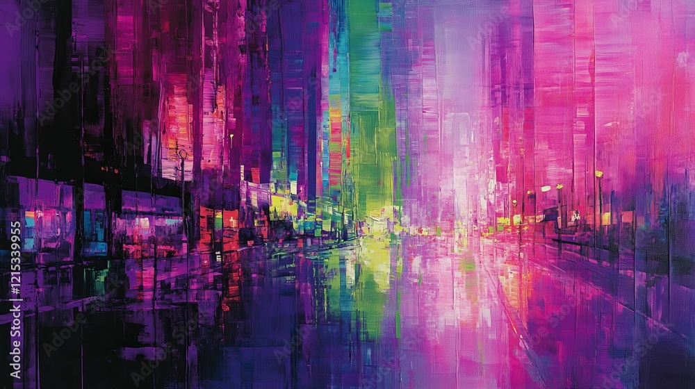 Naklejka premium Abstract city street with purple, green, and pink.