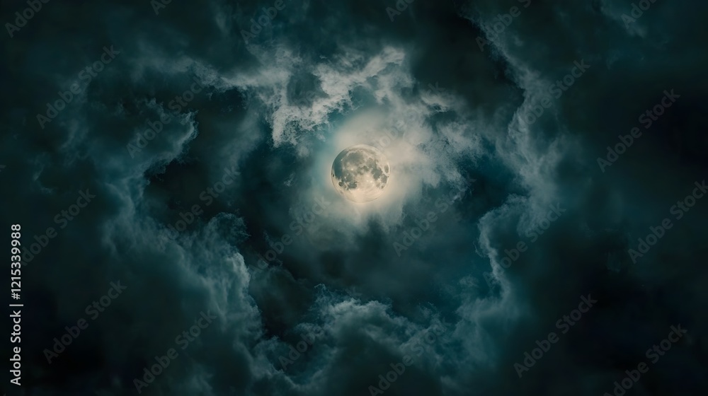 Full Moon Shining Through Dark Storm Clouds Full Moon Shining Through Dark Storm Clouds
