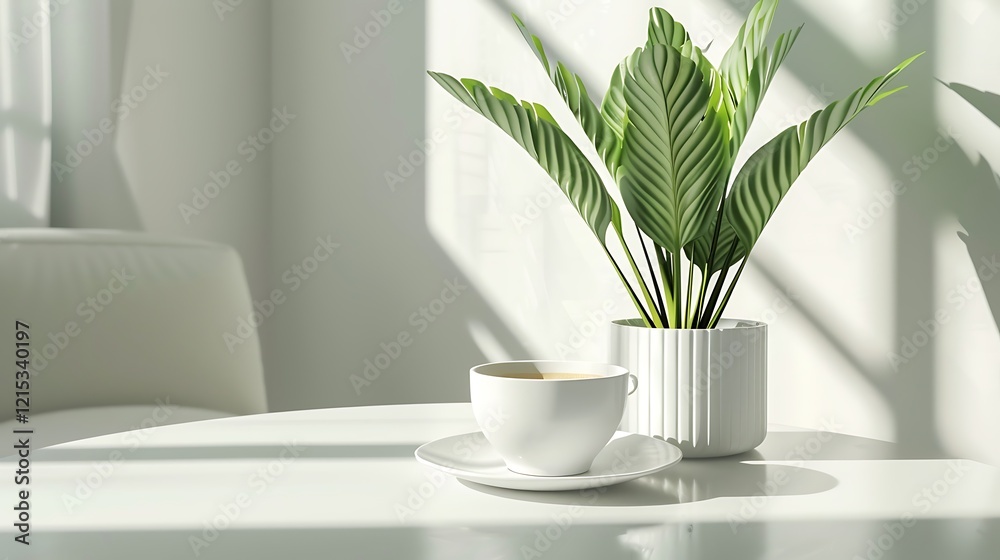 A serene morning scene with tea and a plant A serene morning scene with tea and a plant