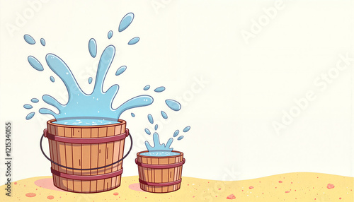 Splashing water from wooden buckets on sandy beach, playful summer fun