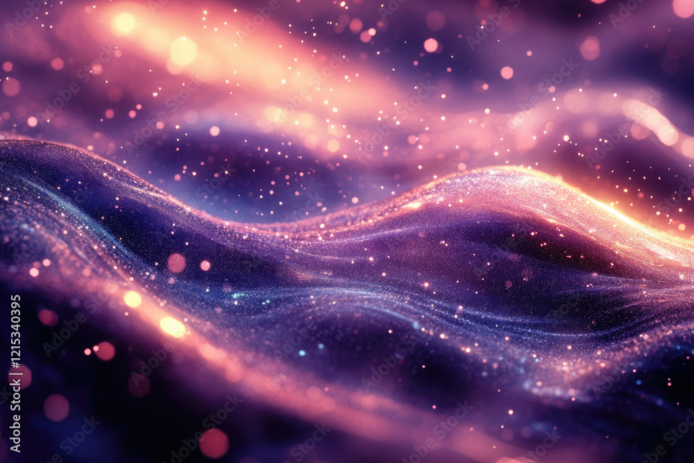 Abstract glitter wave background with pink, purple, and orange glowing particles. Abstract glitter wave background with pink, purple, and orange glowing particles.