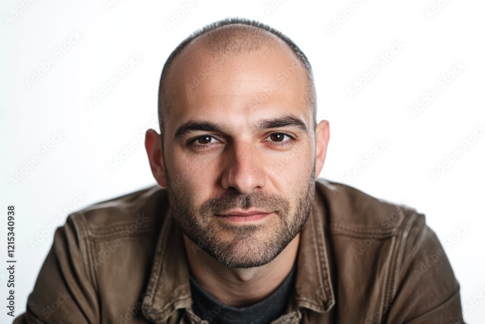 Fototapeta premium Confident Young Man with Short Hair in Casual Brown Jacket Against White Background