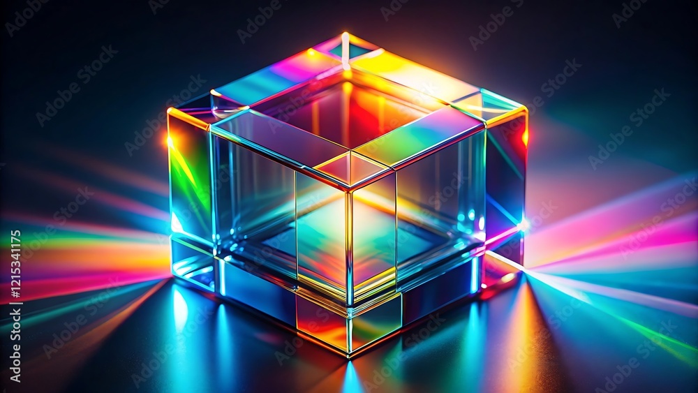 Futuristic Transparent Cube with Vibrant Rainbow Reflections and Glowing Light on a Dark Background Futuristic Transparent Cube with Vibrant Rainbow Reflections and Glowing Light on a Dark Background