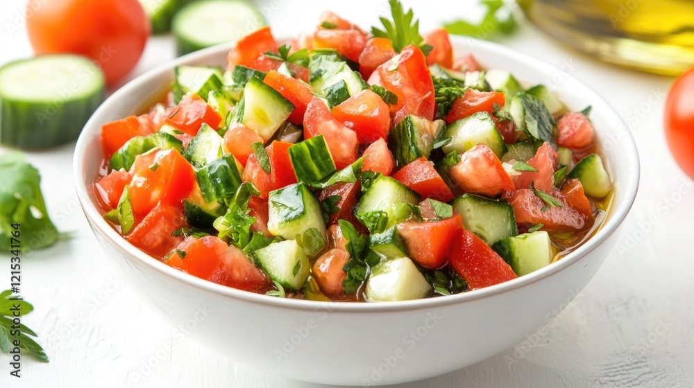A bowl of gazpacho garnished with diced cucumber, tomato, and a drizzle of olive oil on a white background A bowl of gazpacho garnished with diced cucumber, tomato, and a drizzle of olive oil on a white background