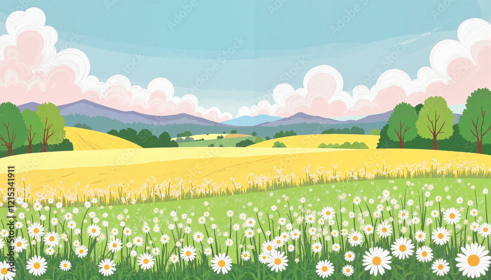 Fototapeta premium Vast meadow with white daisies under sunny sky, peaceful serenity