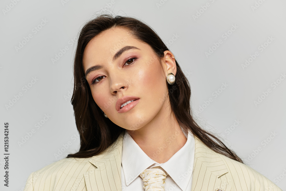 Woman radiates confidence in a tailored outfit and chic accessories. Woman radiates confidence in a tailored outfit and chic accessories.