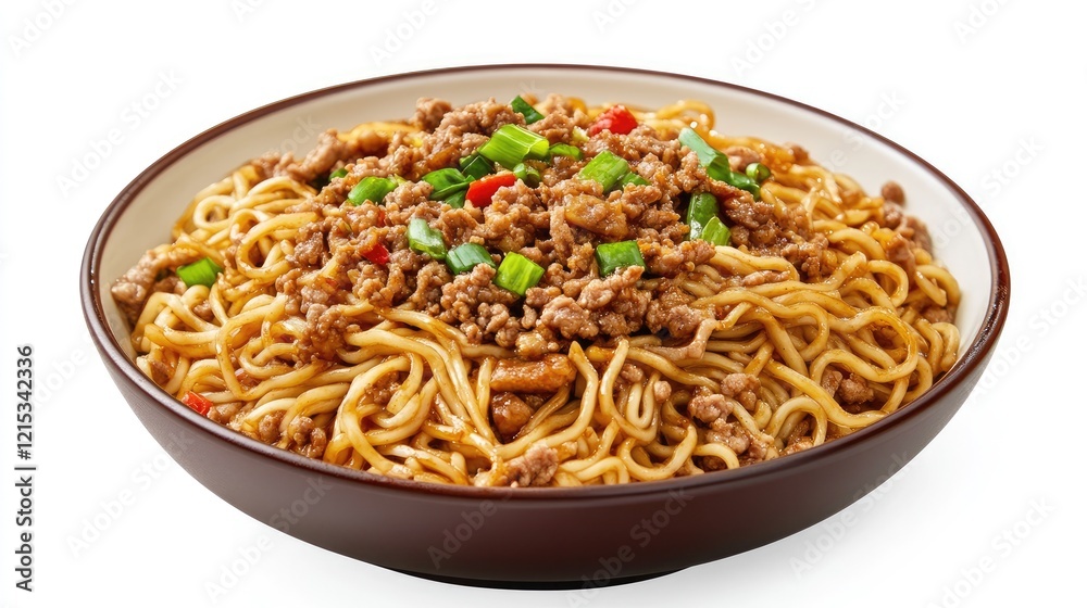 A bowl of spicy Sichuan dan dan noodles topped with minced pork on a white background A bowl of spicy Sichuan dan dan noodles topped with minced pork on a white background