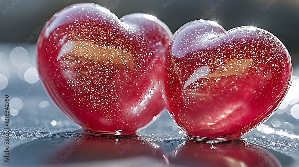 Two Glittering Red Glass Hearts with Golden Sparkle Light on a Reflective Surface : Generative AI Two Glittering Red Glass Hearts with Golden Sparkle Light on a Reflective Surface : Generative AI