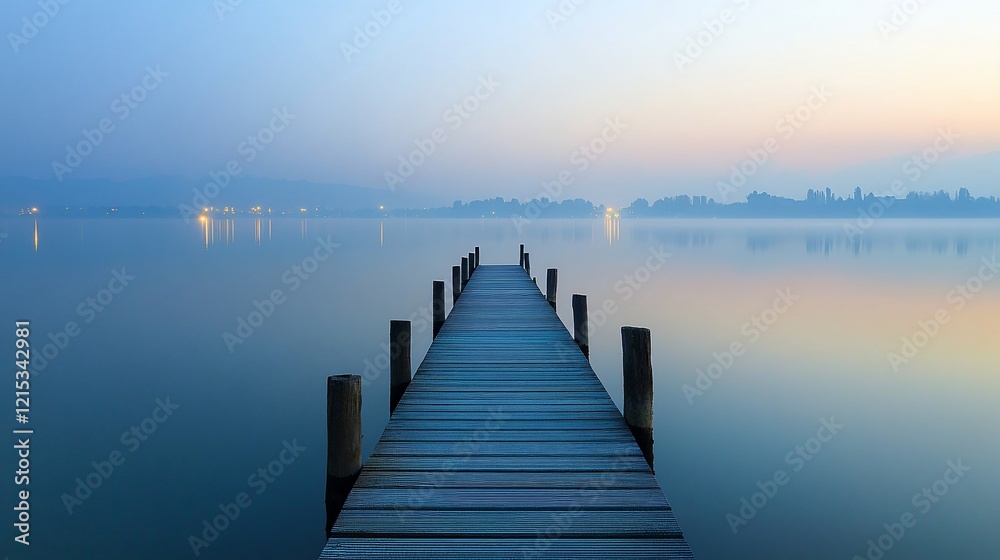 Misty lake sunrise, wooden pier, calm water, distant lights, serene landscape Misty lake sunrise, wooden pier, calm water, distant lights, serene landscape