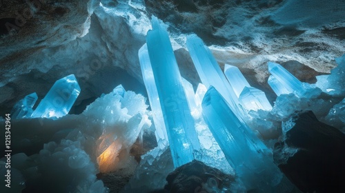 underground crystal cave with shafts of light penetrating darkness ethereal blue glow illuminating ancient mineral formations photo