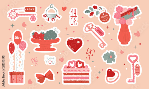 Valentine s Day coquette hand-drawn stickers Set. Pink and red bows, , heart, cake, strawberries, roses, keys, gift. Invitation, wedding, birthday, anniversary. Vintage elegant vector illustration