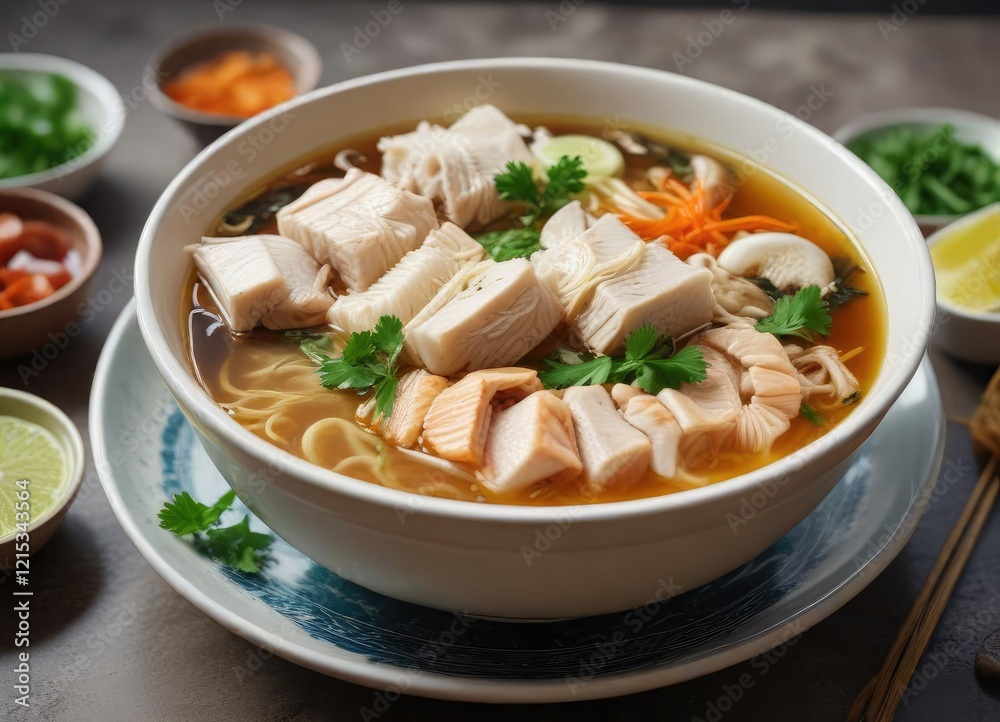 Colorful bowl of Banh Canh with fish and noodles in clear broth , green onion, vietnamese dish, seafood Colorful bowl of Banh Canh with fish and noodles in clear broth , green onion, vietnamese dish, seafood