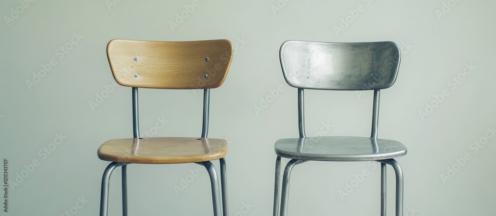 Two chairs, wood and metal, minimalist room, interview setting Two chairs, wood and metal, minimalist room, interview setting