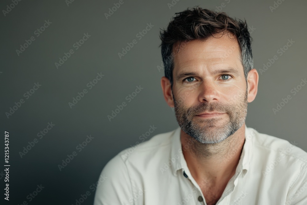 Confident Man with Beard in Casual Attire Against a Neutral Background Confident Man with Beard in Casual Attire Against a Neutral Background