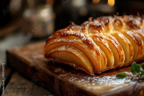 Hasselback pear in puff pastry fresh from the oven closeup on the wooden board on the table. 