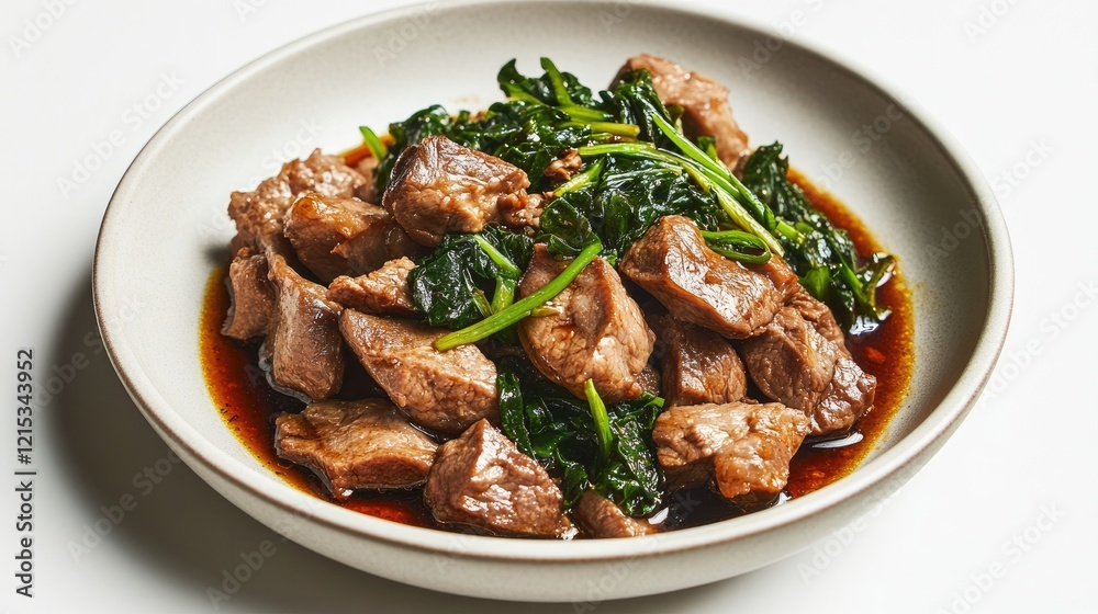 A dish of Sichuan-style twice-cooked pork with garlic shoots on a white background A dish of Sichuan-style twice-cooked pork with garlic shoots on a white background