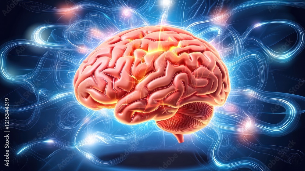 Glowing Brain, Energy Waves, Neural Activity, Abstract Background, Medical Illustration Glowing Brain, Energy Waves, Neural Activity, Abstract Background, Medical Illustration